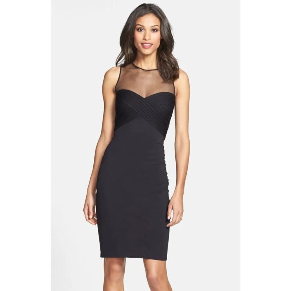 Tadashi Shoji Illusion Dress Sheer Yoke Midi Length Sheath Sleeveless Black XL